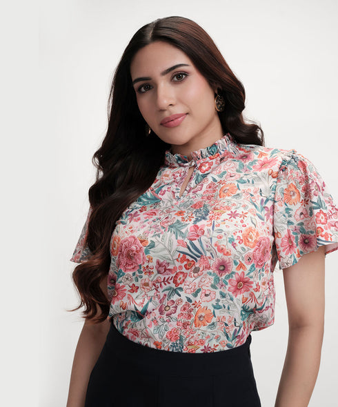 Sleeve Flared Printed Satin Beige Top