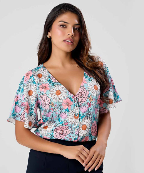 Vneck Flared Sleeve Printed Top