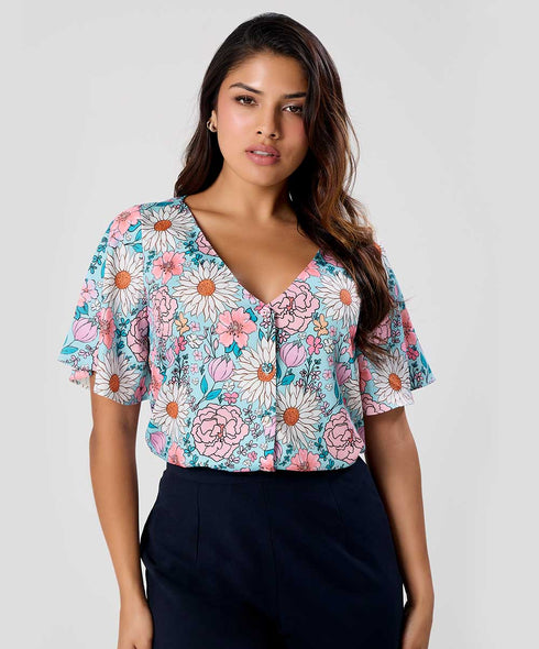Vneck Flared Sleeve Printed Top