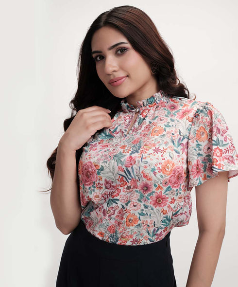 Sleeve Flared Printed Satin Beige Top