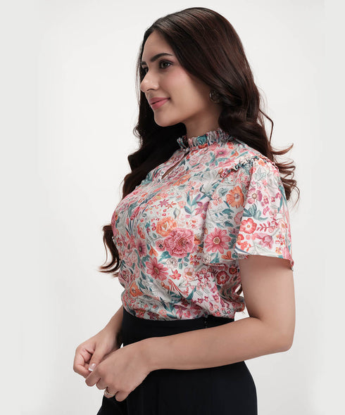 Sleeve Flared Printed Satin Beige Top