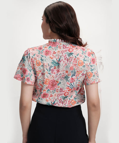 Sleeve Flared Printed Satin Beige Top