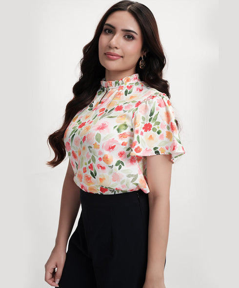 Sleeve Flared Printed Satin Top