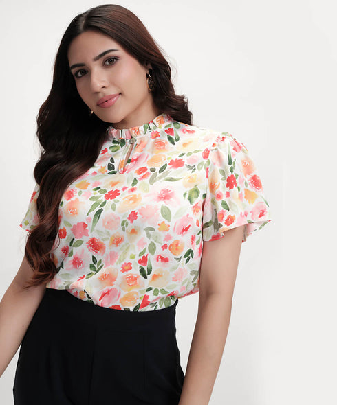Sleeve Flared Printed Satin Top