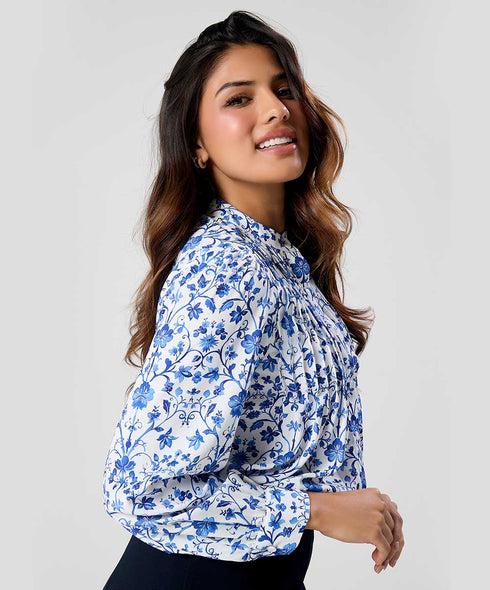 Pintuck Detailed Long Sleeve Printed Top