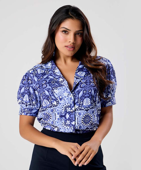 Deep Vneck Lapel Blue Printed Top