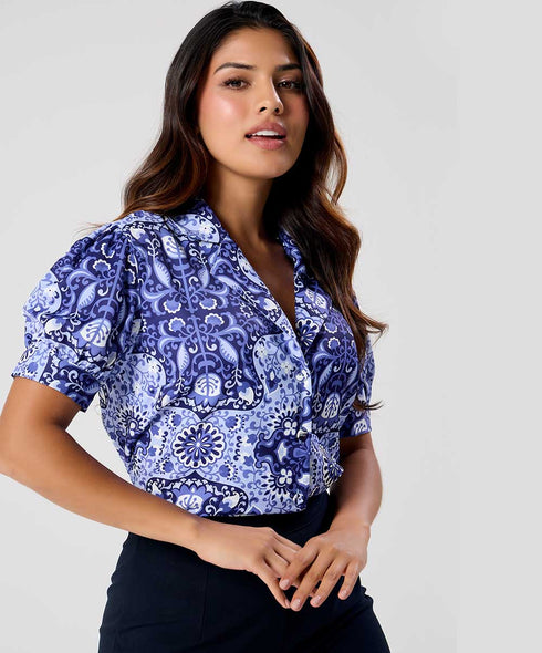 Deep Vneck Lapel Blue Printed Top