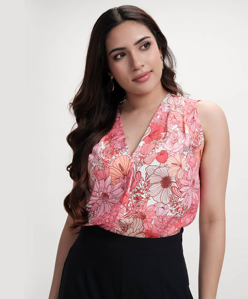 Neck Pleated Printed Pink Top