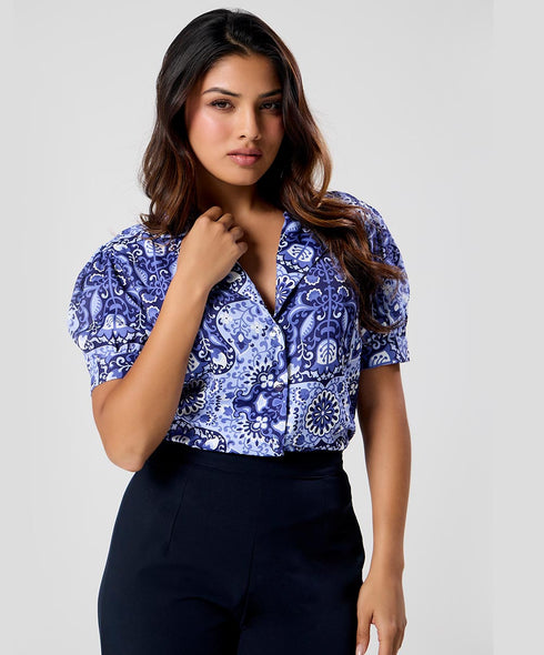 Deep Vneck Lapel Blue Printed Top