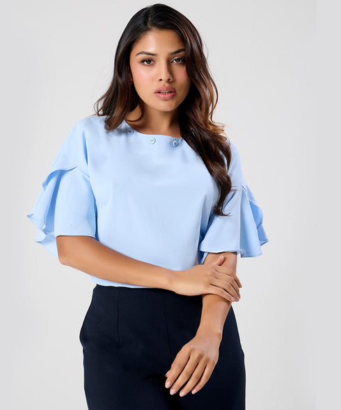 Flared Sleeve Chiffon Top-Light Blue