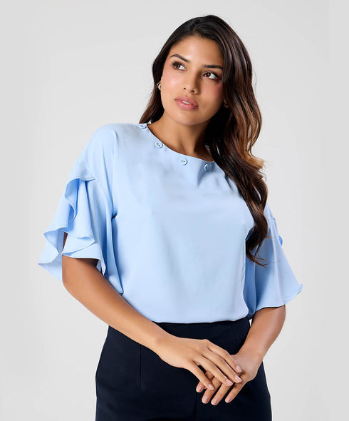 Flared Sleeve Chiffon Top-Light Blue