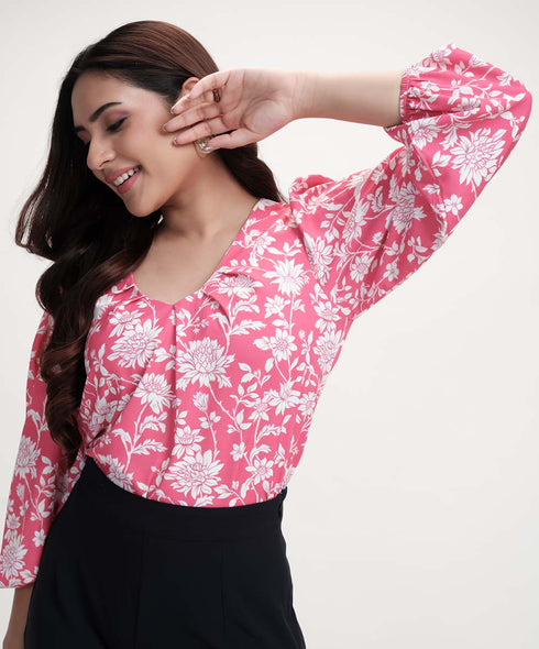 Vneck Printed Long Sleeve Pink Top