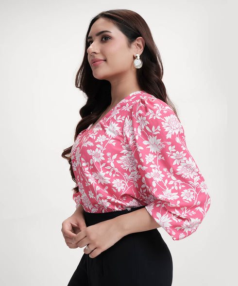 Vneck Printed Long Sleeve Pink Top