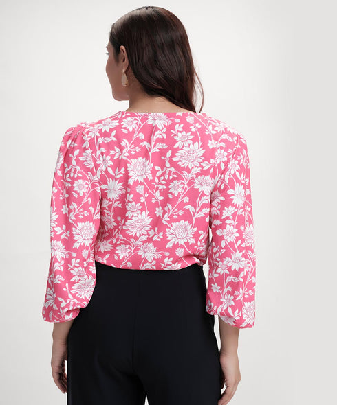 Vneck Printed Long Sleeve Pink Top