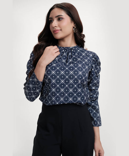 Long Sleeve  Detailed Printed Chiffon Blue Top