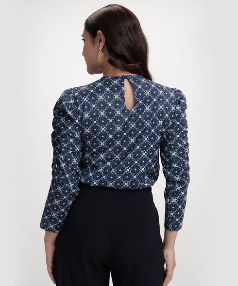 Long Sleeve  Detailed Printed Chiffon Blue Top