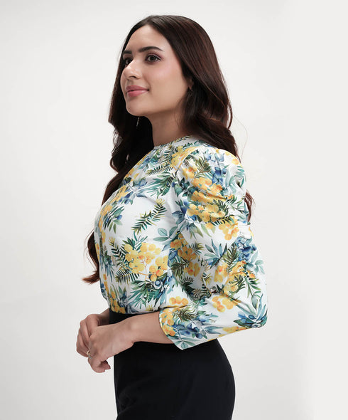 Long Sleeve Detailed Printed Chiffon Top