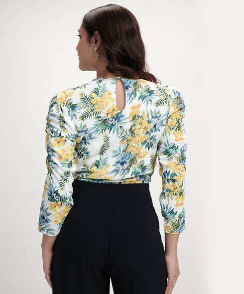 Long Sleeve Detailed Printed Chiffon Top