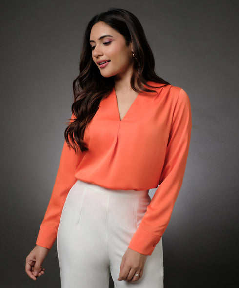 Long Sleeve Vneck Wrapping Orange Top