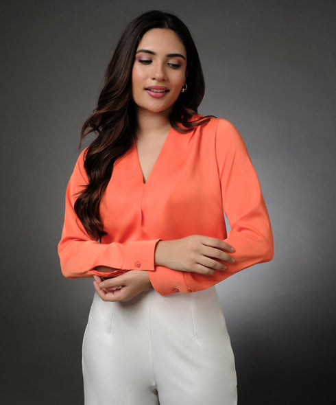 Long Sleeve Vneck Wrapping Orange Top