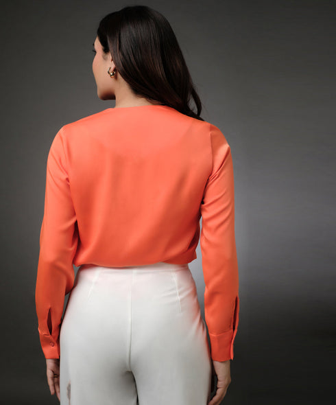 Long Sleeve Vneck Wrapping Orange Top