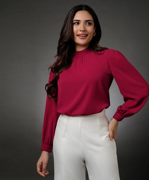 Long Sleeve Neck Pleated Red Top