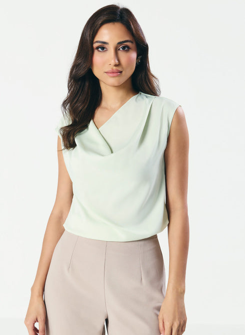 Cowl Neck Satin Pastal Green Top