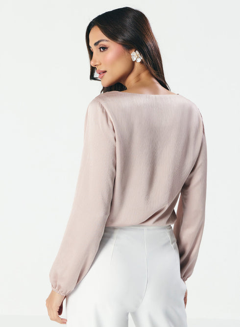 Deep VNeck Long Sleeve Light Brown Top