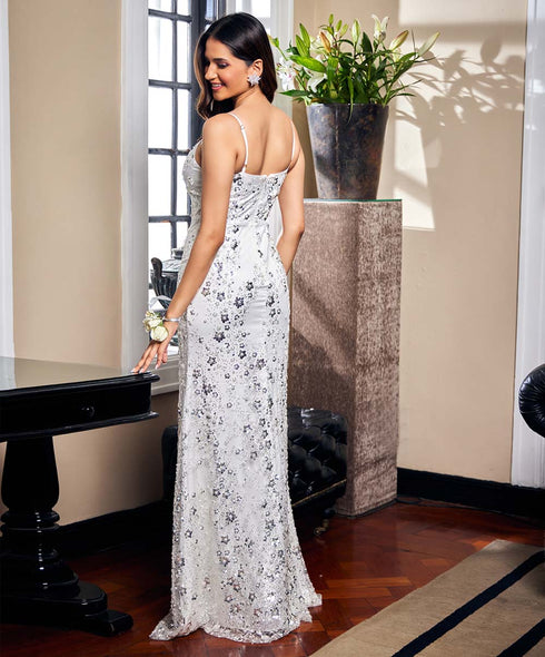 Deep Vneck Strappy Embellished White Maxi Dress