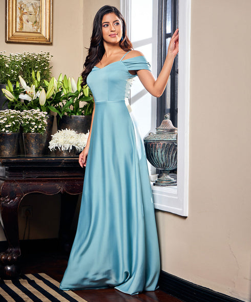 Chiffon Cold Shoulder Blue Maxi Dress