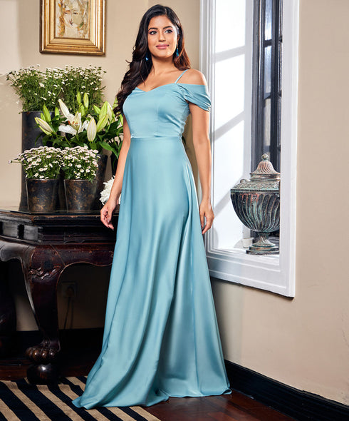 Chiffon Cold Shoulder Blue Maxi Dress
