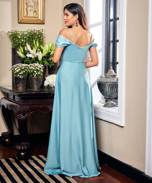 Chiffon Cold Shoulder Blue Maxi Dress