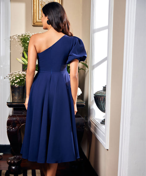 One Shoulder Puff Sleeve Blue Dress