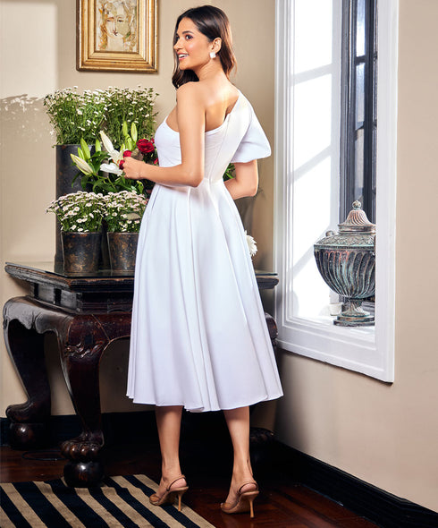 One Shoulder Puff Sleeve White Dress