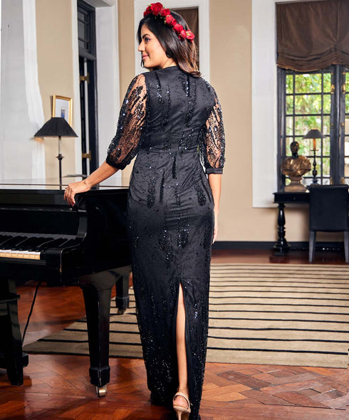 Black Half Sleeve Embelished Maxi Dress