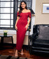 Deep Neck Sleeve Detailed Bodycon Maroon Dress