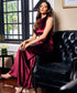 High Neck Sleeveless Maroon Velvet Maxi Dress