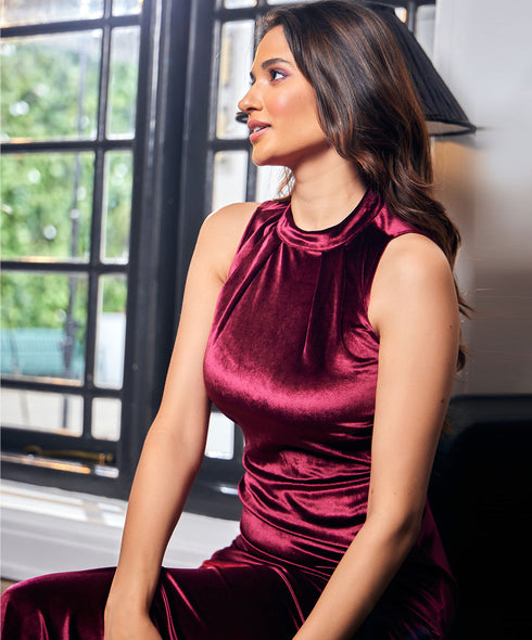 High Neck Sleeveless Maroon Velvet Maxi Dress