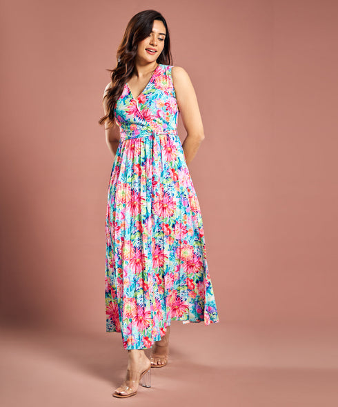 Sleevless Pleated Printed Dress