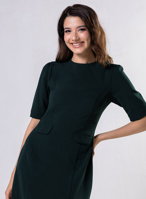 Round Neck Shift Dress With Flaps-Dark Green