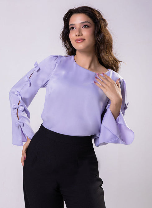 Split Sleeve With Bow Chiffon Lavendar Top