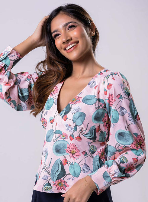 Long Sleeve V Neck Chiffon Printed Top
