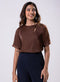 Side Neck Buttoned Short Sleeve Satin Top -Brown