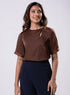 Side Neck Buttoned Short Sleeve Satin Top -Brown
