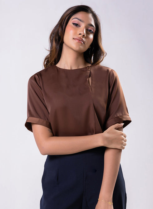 Side Neck Buttoned Short Sleeve Satin Top -Brown