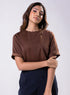 Side Neck Buttoned Short Sleeve Satin Top -Brown