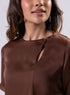 Side Neck Buttoned Short Sleeve Satin Top -Brown