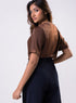 Side Neck Buttoned Short Sleeve Satin Top -Brown