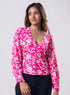 Long Sleeve V Neck Chiffon Printed Top-Pink