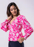 Long Sleeve V Neck Chiffon Printed Top-Pink